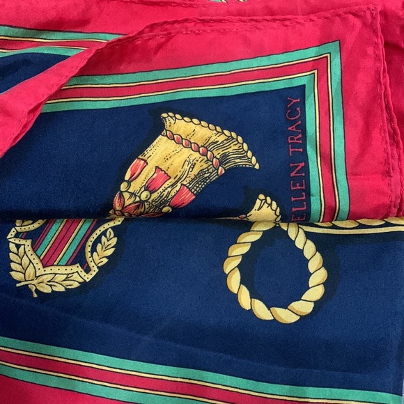 Vintage classic Ellen Tracy blue/gold/green/red Rope & Tassel Silk Scarf 33”x33” - Picture 3 of 10